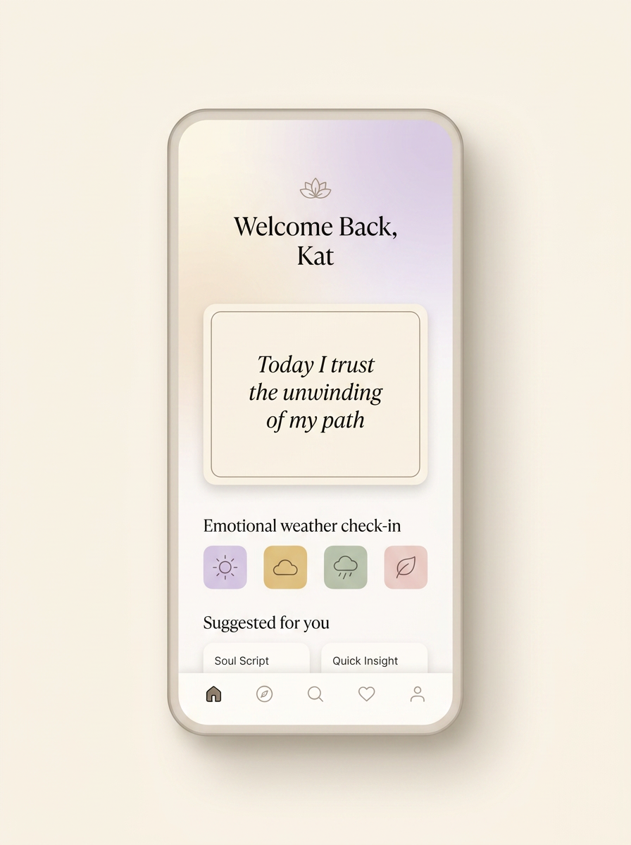Mobile mockup of The Art of Unwinding home screen, showing a daily affirmation, emotional weather check-in, and suggested daily path.